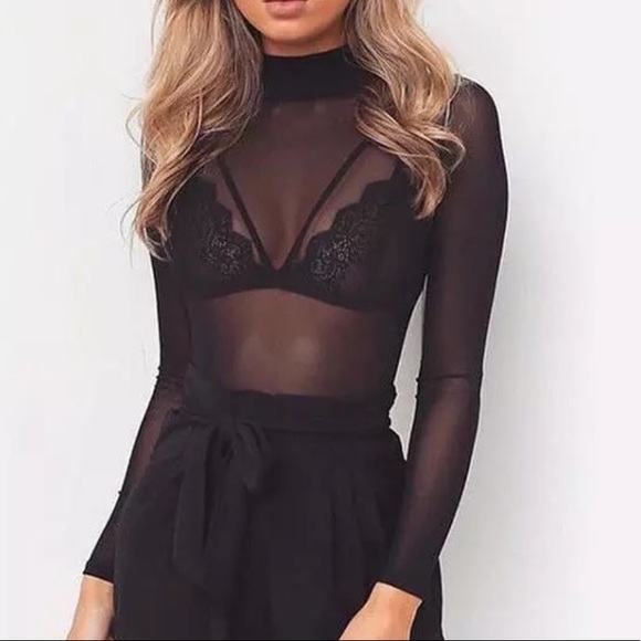 🎉SOLD On Sale New Alluring Sheer Black Long Sleeve Mock Turtle Neck Top - Picture 4 of 10
